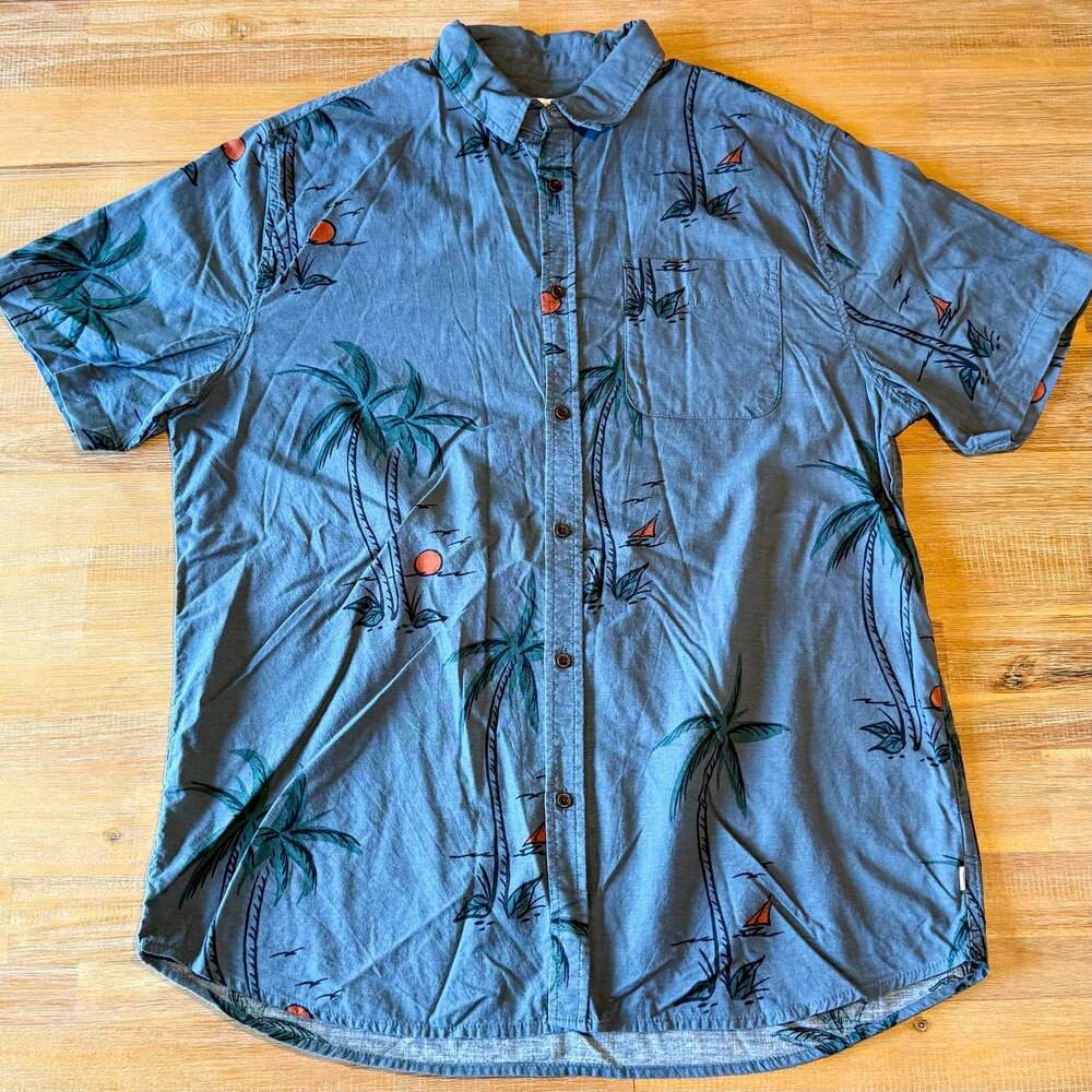 Katin Schooner Short Sleeve Button-Up Shirt Blue Palm Tree Sun Print Size LG